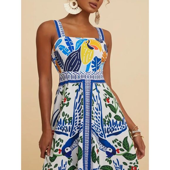 TROPICAL Blue White Midi Summer Dress Size Small NEW - Picture 2 of 3